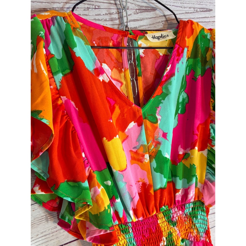Haptics Summer Romper Retro Abstract Flutter Sleeve Smocked - Small Multicolor - Picture 3 of 11